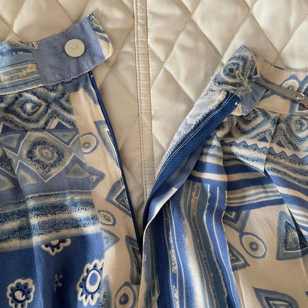 BOHO ARTSY SUMMER PANTS blue and tan, 100% rayon lightweight, POCKETS, W. size 8 - Picture 3 of 13